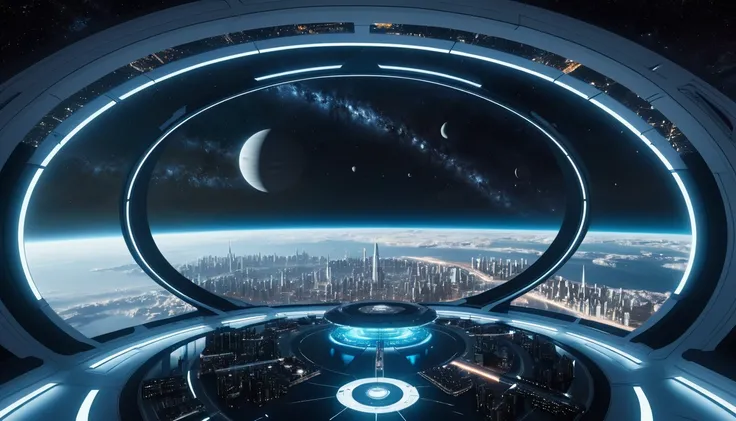 A photo-realistic, ultra-realistic, and cinematic first-person view from inside a sleek, angular spaceship, flying high above a massive space colony in the shape of a ring. The interior of the spaceship is highly detailed, with a modern, high-tech dashboar...