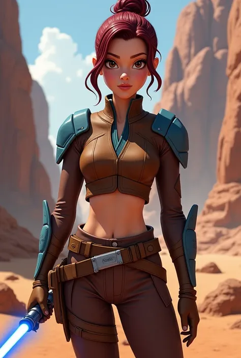 A female Jedi  with Leather brown gear crop top with blue detail and shoulder caps, leather brown pants with lightsaber belt and brown boots. Burgundy Hair in a bun. Make it Clone Wars cartoon like 