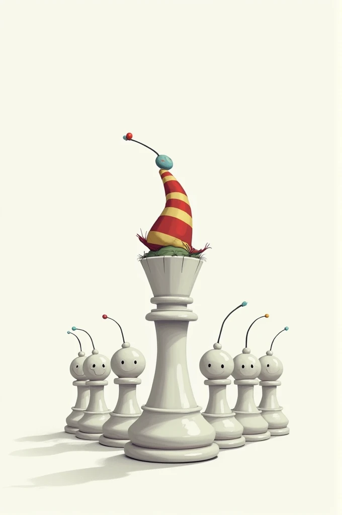 Create an image of a white chess king unit wearing a clown hat, white background, with his pawns following him, just like a cartoon 2d, not realistic. Make it dark because its supposed to be a poster/awareness about voting wisely. Make it scary 