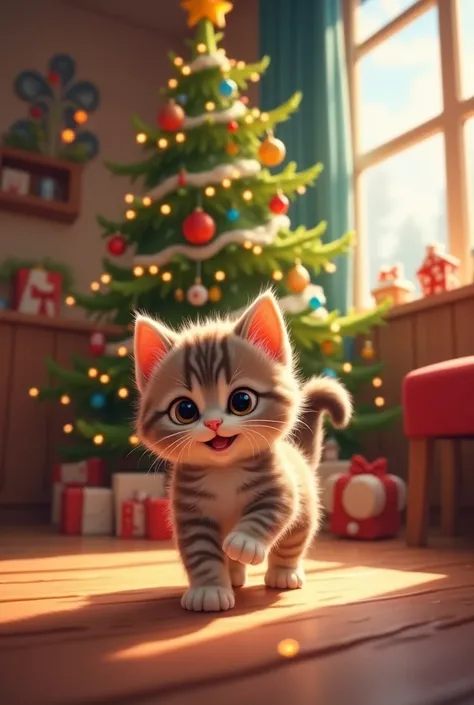 Nice room、 Christmas tree、 cute kitten、