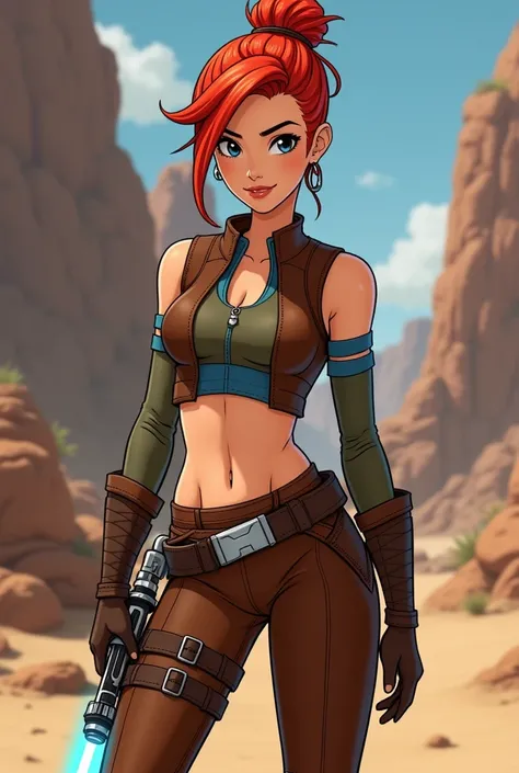 A female Jedi  with Leather brown gear crop top with blue detail and shoulder caps, leather brown pants with lightsaber belt and brown boots. red Hair in a bun. Make it Clone Wars cartoon like 