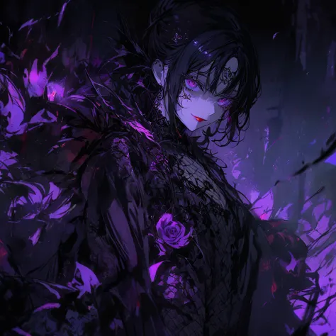 （ dark atmosphere ， Gothic Fashion， bright color），（ top quality，Superb product，），Sexy Goth Vampire Girl，Night in the Rose Garden，  Beautiful Delicate Eyes，  Straight black ponytail with blue tips  ，Crow Feather，Red lipstick， mysterious smile in a floral ki...