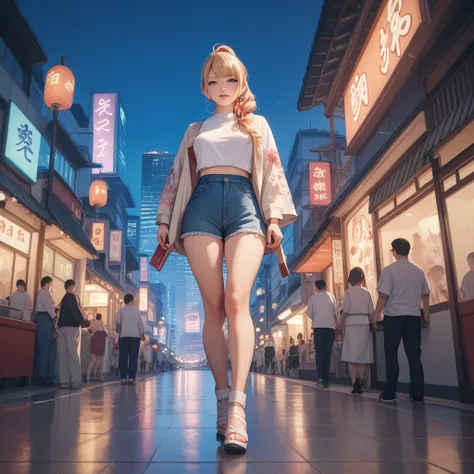 lofi big japan at night city with one anime girl standing on the left of picture illustrator in the middle of tokyo