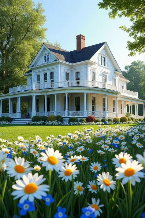 White House porch that accompanies the entire house with a garden full of daisies and blue daffodils