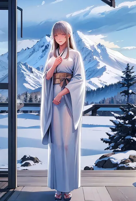 The face of a mature girl,full body,white transparent kimono,snowy mountains background,very detailed face, detail focus on the eye