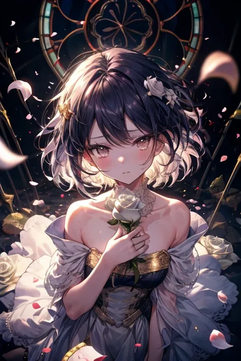 masterpiece,  top quality,  high definition , 1 girl, medium-length dark purple hair, (gold eyes:1.3), wearing a white shirt. She is holding a single red rose with a visible stem against her chest. She is looking down, but her eyes are directed at the view...