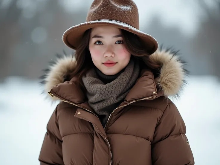 a down jacket and a hat on a girl mocha mousse