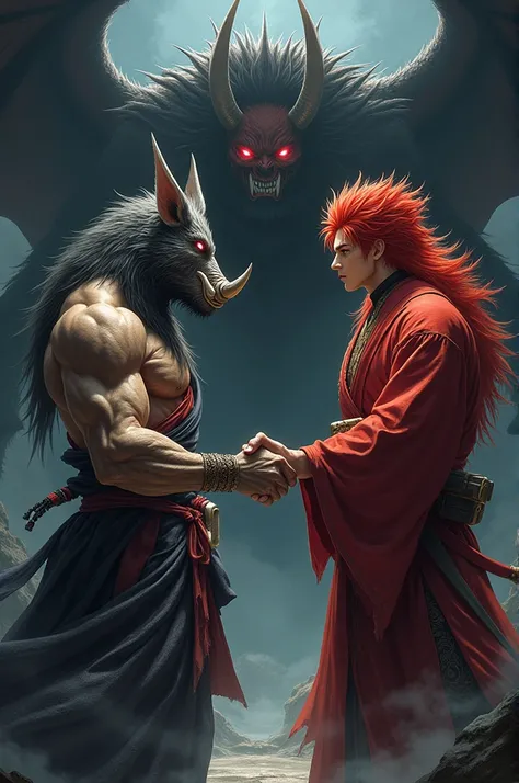  An image of Inosuke and Kyojuro Rengoku shaking hands, with nomos drinking  