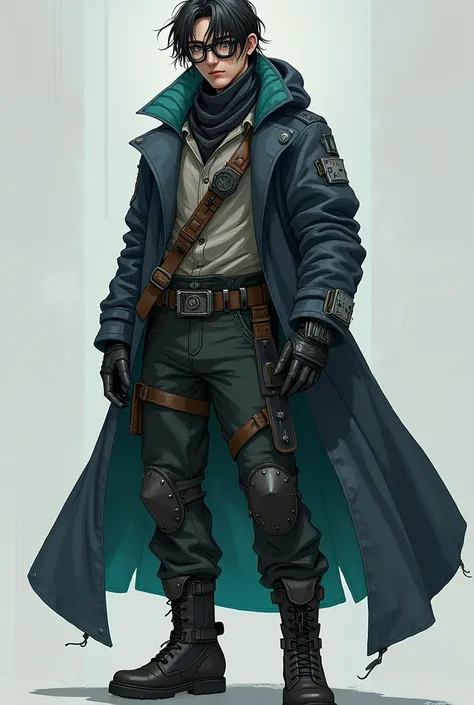 Create a full-body male character concept art, a determined 21-year-old in a steampunk-space opera world. His long hair, inspired by JB from GOT7, is slightly disheveled and covers part of his face. He wears scavenged clothing that shows signs of wear—tatt...