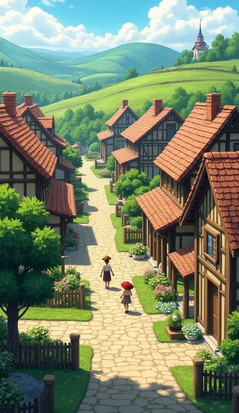 A traditional village with wooden houses, cobblestone streets, and lush green fields, with people wearing simple clothing, and a peaceful countryside atmosphere