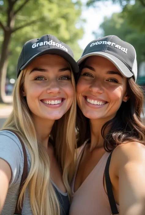 A bright, high-exposure image of two white American women in their mid-20s taking a selfie together. The 26-year-old has long blonde hair and is wearing a cap with the word Conservative written on it, paired with modest, casual attire. The 27-year-old besi...