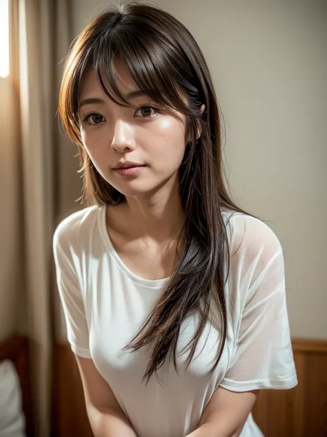 (grabbing own chest with both hands:1.3),(one woman),(Japanese Multiparous woman),(milf),(30 years old),(afraid face),(embarrassed, blush), (ecstasy),(realistic skin), (wearing White Knit t-shirt),(brown medium hair, realistic hair),In a apartment living,(...