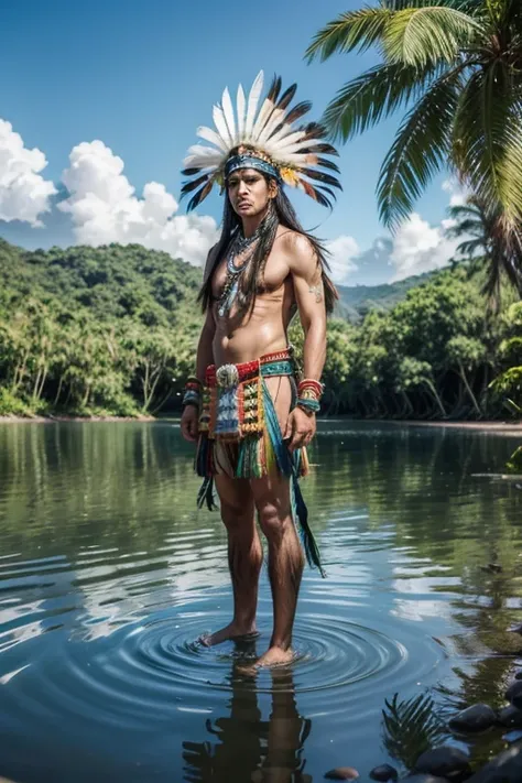  An indigenous Brazilian wearing a majestic headdress with colored feathers on his head, with traditional and authentic details .  He is standing on a crystal clear water surface ,  surrounded by a stunning natural setting ,  with reflections of the Amazon...