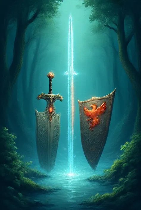 Cute cartoon, Cute cartoon AF , ( สไตล์Cute cartoon :1.3), ( on the pages of an ancient book with Gothic motifs:1.3). | ((  of swords and legendary shields )), lagoon, Surrounded by a tall forest . | . The sword has the enchanting halo of the god ,  shinin...