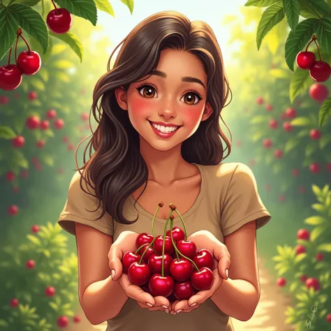 illustration A person holding a handful of cherries with a smile