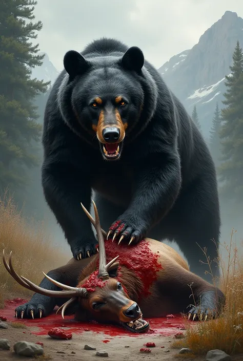 Black bear killing elk and standing at the chest of bloody elk 