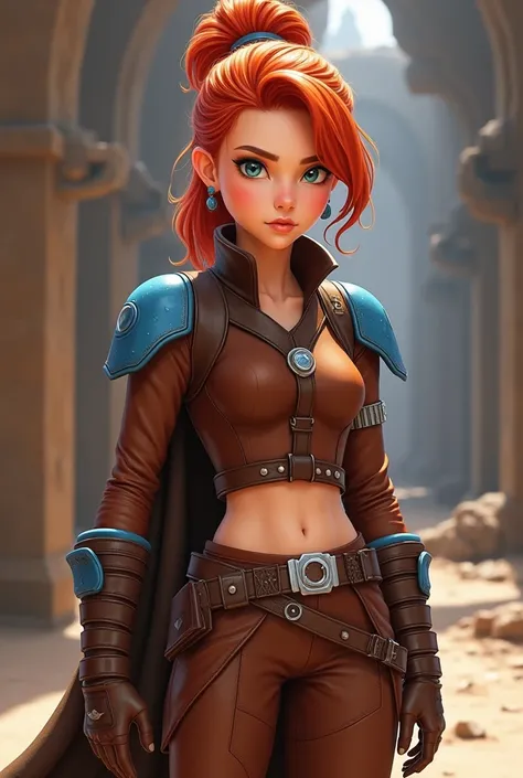 A female Jedi Padawan with Leather brown gear crop top with blue detail and shoulder caps, leather brown pants with lightsaber belt and brown boots. red Hair in a bun. Make it Clone Wars cartoon like with a strict and wise but feisty demeanour, with a cute...