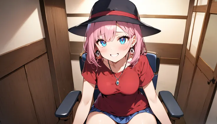 High resolution、Real Skin、Big earrings、necklace、Cowboy Shot、Waiting for a hug、shy、Embarrassed expression、Grin、Japanese-style room、((Im sitting in the chair.))、Slender body、Intermediate breasts、Delicate body、Sharp eyes、（She wears dark-brimmed glasses）Also々N...