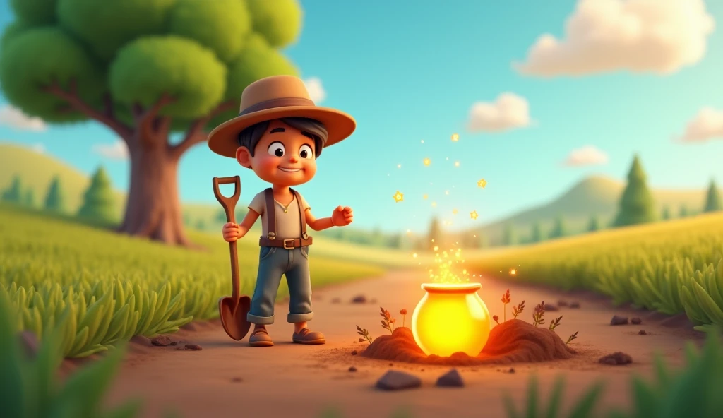 A 3D cartoon-style scene showing a hardworking farmer in a rustic field. The farmer, wearing a wide-brimmed hat, a simple shirt, and rolled-up pants, stands holding a wooden shovel and looks amazed as he discovers a glowing magic pot partially buried in th...