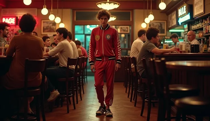 Young man in vintage tracksuit, wearing slippers. Scene of entering a bar, reality, real photo, high definition