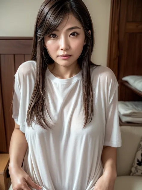 (grabbing own chest with both hands:1.3),(one woman),(Japanese Multiparous woman),(milf),(30 years old),(afraid face:1.2),(embarrassed, blush), (ecstasy),(realistic skin), (wearing White Knit t-shirt),(brown medium hair, realistic hair),In a apartment livi...