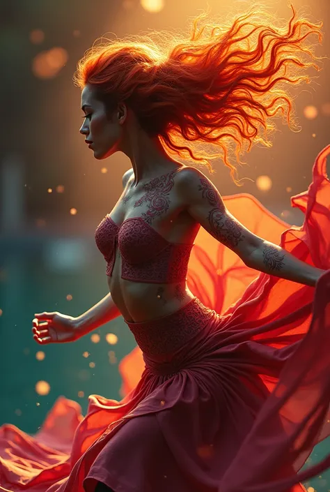  A red-haired dancer with beauty ,  that radiates vitality in the midst of a kaleidoscope of colors ,  while taking a dynamic dance pose ,  Her body art inspired by Timbalada comes to life with every brushstroke . not an impure light , flawless skin,  whil...