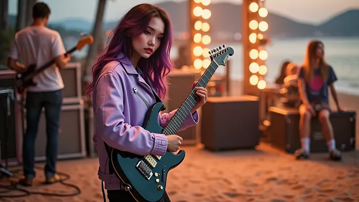 Beautiful Asian 20 years old Woman, almond skin color,Hooded Eyes, thick eyebrow, purple color Beach Waves hairs,her name is Sonam Kapoor Bae Suzy ,wear leather jacket, she play electric guitar on the stage,  8k uhd, high quality, fujifilm xt3