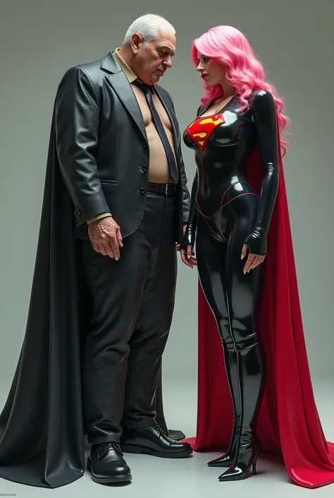  a beautiful and sexy totally submissive pink-haired woman wearing latex clothes with the Superman symbol and high heel long boots next to an ugly totally powerful woman, Fat and old . I want everything as I quoted 