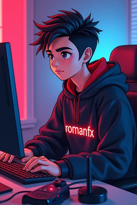 A vibrant and engaging anime-style 18-year-old india boy with a smart appearance, sitting behind a modern computer desk. He is wearing a black and red hoodie with the Channel Name Roman Fx written on it. In front of him on the desk is a laptop, along with ...