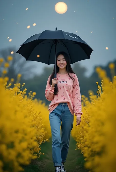 up close, a young Korean woman, beautiful, clean face, sharp nose, is walking standing in the middle of the yellow flower garden bushes while holding a black umbrella with the text: "TURU", wearing a peach blonde long sleeved t-shirt with lots of cherry bl...