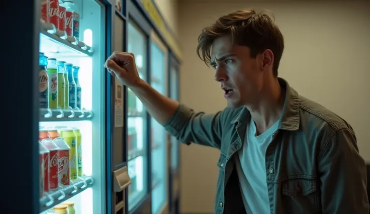 Young man punching a beverage vending machine with his fist., Reality, Real Photo, High Definition