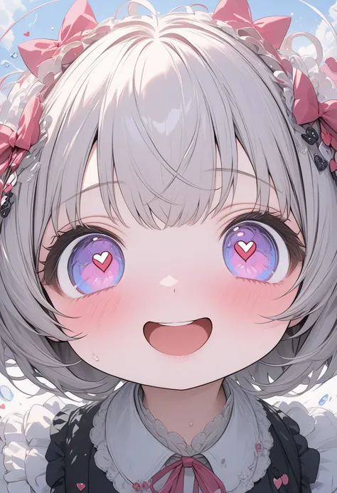 close-up of face, cute chibi girl in love for the first time, pupils are heart-shaped, panic expression, happy, embarrassed and happy expressions, heart is pounding, about to faint, ultra detailed, absolutely resolution, masterpiece