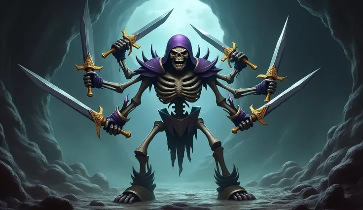  a skeleton monster with six arms 。purple helmet on a body made of bones、Shoulder rest、 she wears boots 、 she holds a sharp sword with a gold handle in each hand 。Her expression is creepy, 、 has dark holes in its eyes and a laughing mouth that emphasizes 。...