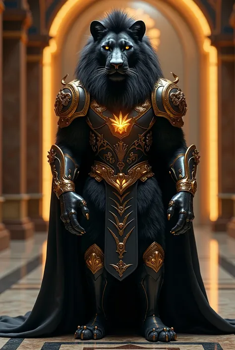 A super hybrid animal standing 8 meters tall, a combination of a lion and a black panther, stands majestically with glossy black fur and a golden mane that radiates an aura of strength and grandeur. His face is unique, combining the features of a majestic ...