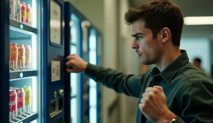 Young man punching a beverage vending machine with his fist., Reality, Real Photo, High Definition