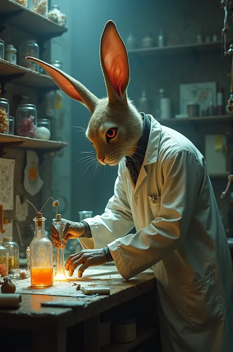 A rabbit man is a mad scientist ,  where he is preparing serums for a bacterial war