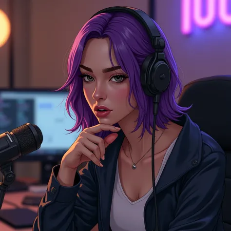 Pretty female feminist pierced woman with purple hair speaking on a podcast with a sad face