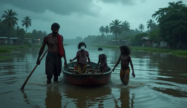 A poor Kerala family getting on a boat from the heavy flood and rain