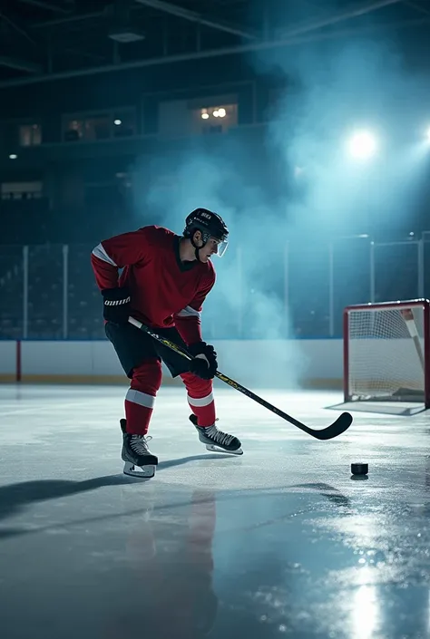 Medium shot. Dramatic studio shot of a hockey player in full gear holding a hockey stick. The hockey player approaches the hockey goal, expertly dribbles the puck along the ice and makes a professional successful shot into the goal. Powerful side lighting....