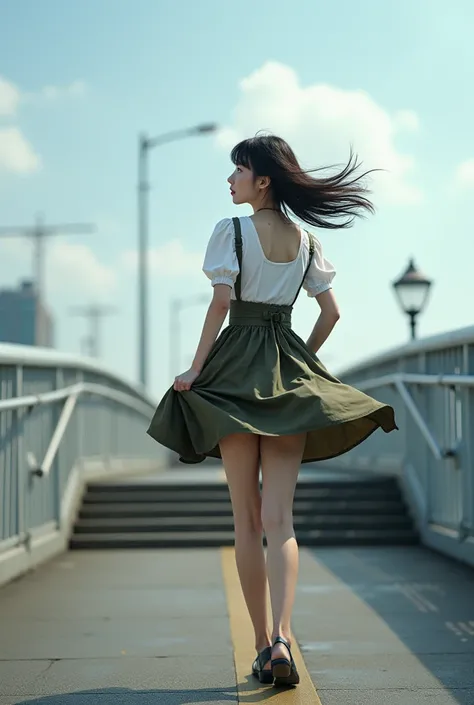 Reality Photography,, Pedestrian bridge stairs ,  Japanese woman with a viewing angle of, back of head、 dirndl ,  My skirt soared high in the strong wind, Tiny white panties exposed ,  Rear View , Look back over your shoulder,  low angle,  Highlight Buttoc...