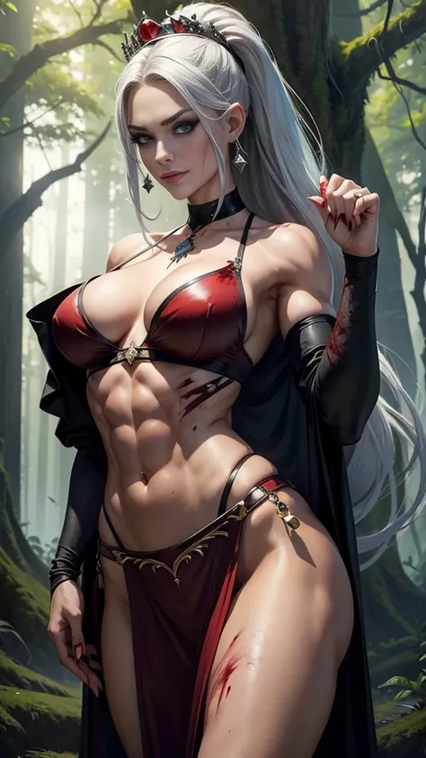 Dark empress, crown, tiara, silver hair, ponytail, bikini, panties, smirking, smirking sadistically, smiling sadistically, dominant, challenging demeanor, smug, teasing, tall, statuesque, imposing, towering, ((biceps, triceps, eight pack abs, extremely def...