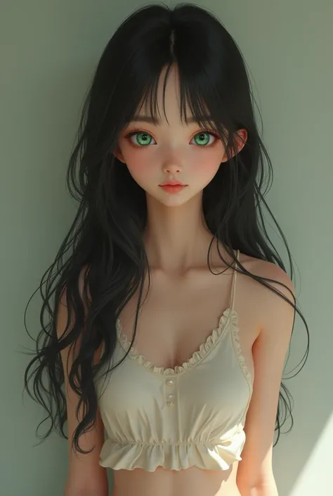 Black hair slim teen girl green big eyes small nose pale skin small butt pubic hair thighs