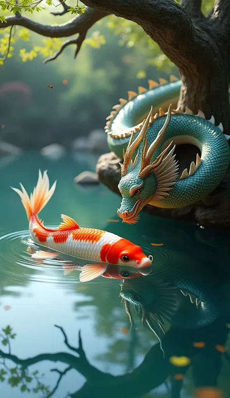 A brightly colored koi fish swimming in a crystal-clear pond while a dragon coils around a nearby tree, its reflection shimmering in the water. The dragon gazes at the fish, creating an ethereal connection.