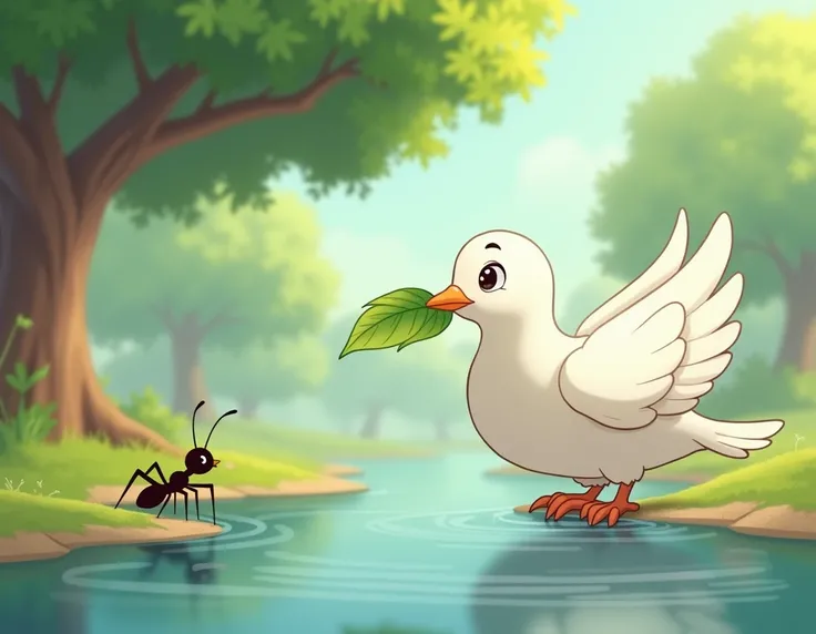 A dove sitting on a nearby tree saw the ant’s plight. She quickly plucked a leaf and dropped it into the water. Best quality,  4k animation cartoon 