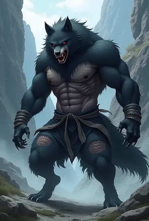 humanoid wolf, Open mouth, medius muscle, have ripped martial arts clothes, World of anime, Completely black with gray coloring,  red eyes , 2 meters high,Skin is not showing ,And completely hairy, Hairy from belly to chest,Do you have two iron bracelets ,...