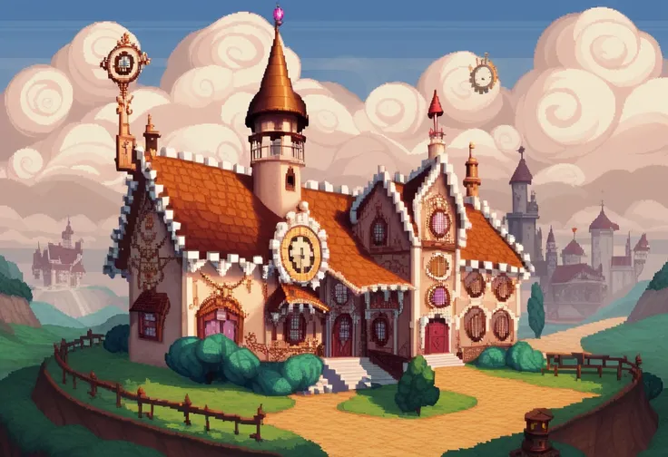 Close up of a cross-sectional view of a house with a clock, Evil Villain&#39;s Lair,   Steampunk Village Castle  , Adams, gothic mansion , mansions of madness , beautiful detailed pixel art,  inspired by Anton Peake ,  complex from Baldors Gate, sotn, Spoo...