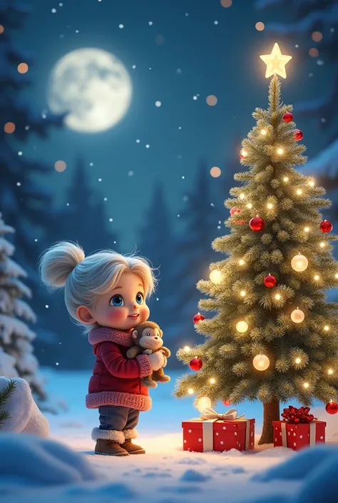 Eliska, two years old with blue eyes, light hair. Standing by the christmas tree holding a small monkey. There is a snow and moon and stars
Lights are shining on the tree, present under the tree 