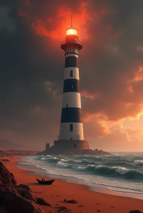 in a desert landscape,  and stormy Martian, we see a burning lighthouse with black and white stripes. Next to it, a raft with water and a paper boat floating . 