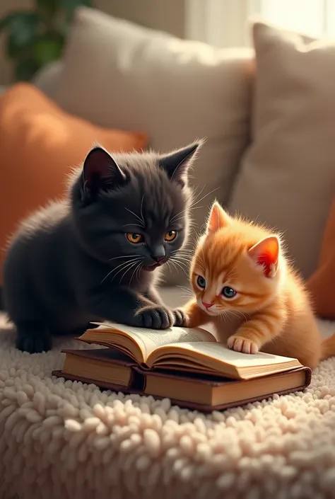 A bright black, cheerful, and lively kitten angrily came up to the couch and grabbed the book from the fluffy ginger kitten and carried the book away. 