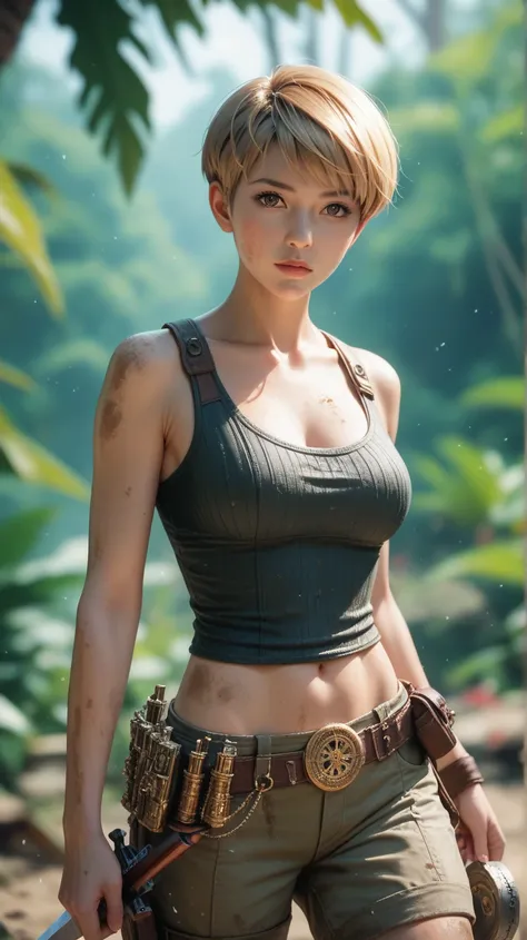 (1girl, anime style, UHD, best quality, depth of field, dramatic, cinematic, masterpiece:1.5), (adorable mature face, strong expression, statuesque athletic body, short pixie cut hair, thick golden hair, tan skin, dirty radiant skin, detailed skin textures...